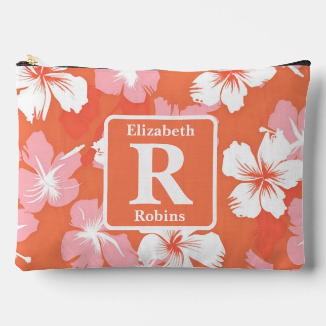 Pochette À Accessoires Hibiscus de pêche tropicale personnalisé Monogramm (Recto)