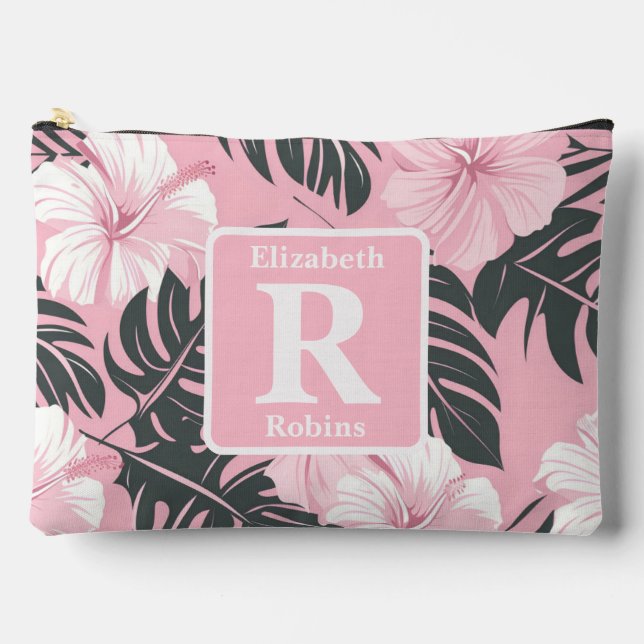Pochette À Accessoires Hibiscus rose tropical personnalisé Monogramme (Recto)