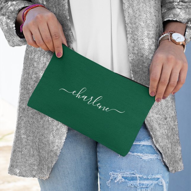 Pochette À Accessoires Hunter Green et White Nom élégant (Hunter Green and White Elegant Name Accessory Pouch)