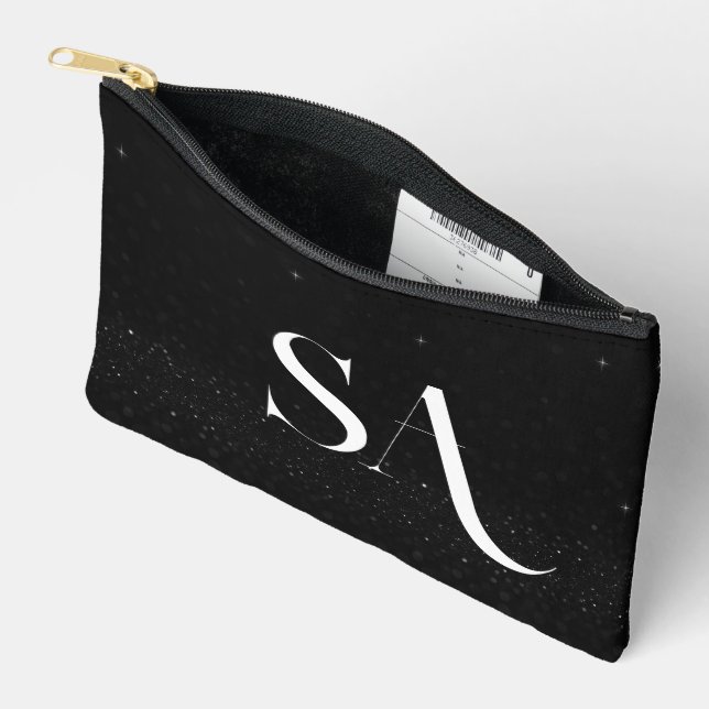 Pochette À Accessoires Initiales de Parties scintillant noire personnalis (Ouvrir)