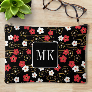 Pochette À Accessoires Initiales du monogramme noir Sakura en fleurs