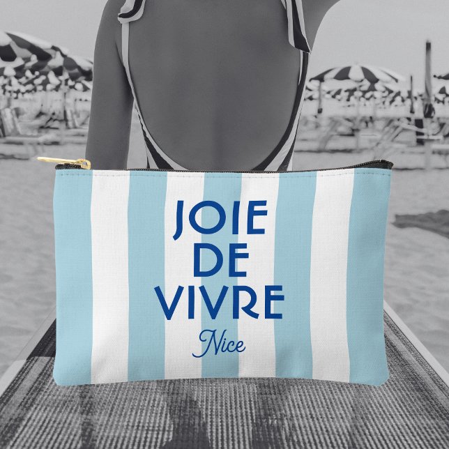 Pochette À Accessoires Joie De Vivre Nice Blue Cabana Stripe Français (Créateur téléchargé)