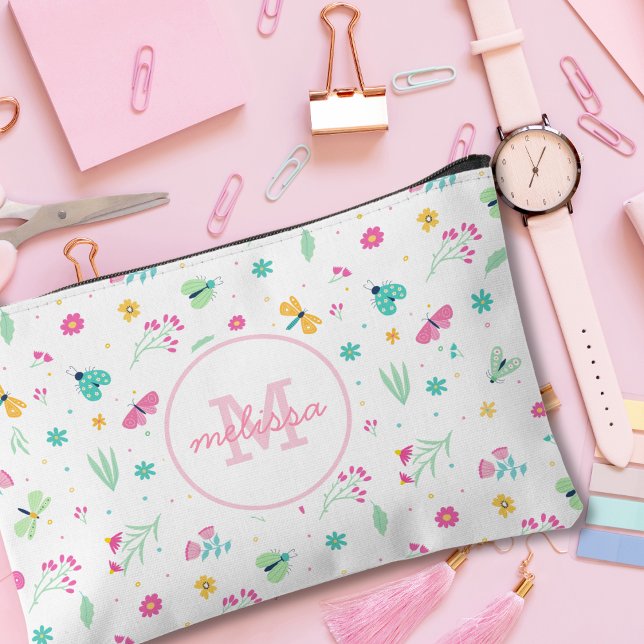 Pochette À Accessoires Joli Pastel blanc rose floral motif Monogramme (Créateur téléchargé)