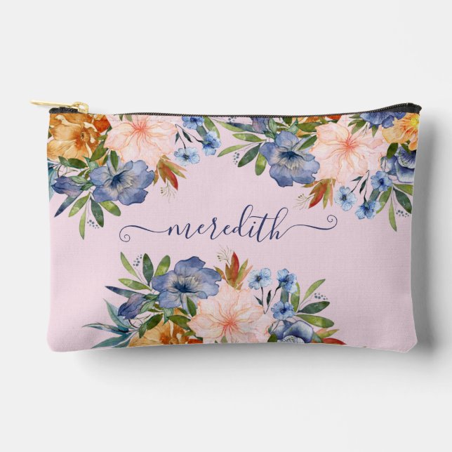 Pochette À Accessoires Jolie aquarelle rose bleu Fleurs Nom (Recto)