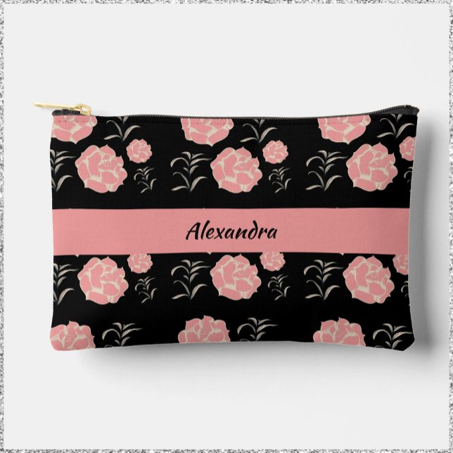 Pochette À Accessoires Jolie Roses roses roses avec feuillage sur noir (Créateur téléchargé)