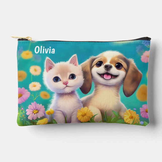 Pochette À Accessoires Kitty et Chiot Nom personnalisé des enfants (Recto)