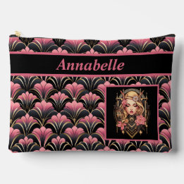 Pochette À Accessoires Lady déco noir et rose avec fleurs