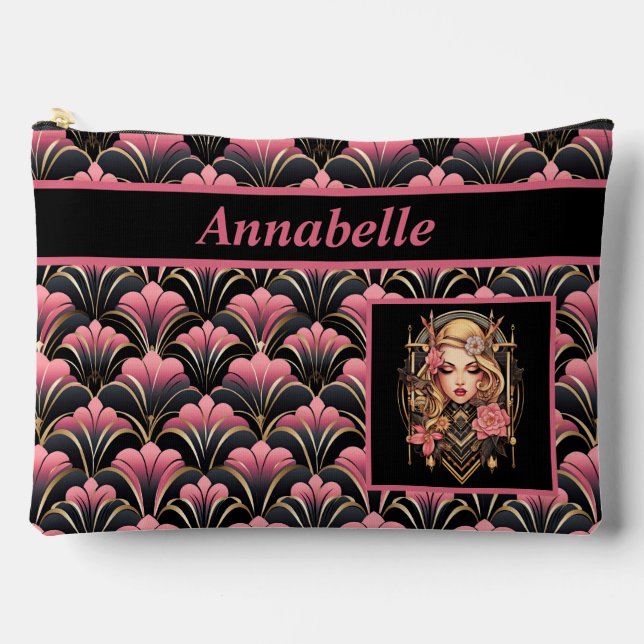 Pochette À Accessoires Lady déco noir et rose avec fleurs (Recto)