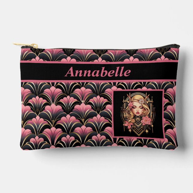 Pochette À Accessoires Lady déco noir et rose avec fleurs (Recto)