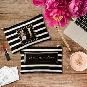 Pochette À Accessoires Lettre H Monogramme Floral Noir Blanc Or Grandes