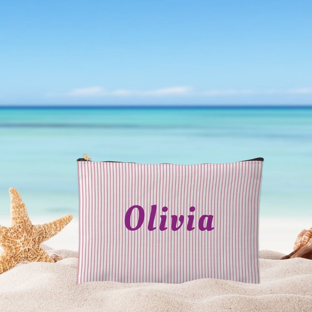 Pochette À Accessoires Lettres personnalisées, rayées roses, violettes (Créateur téléchargé)