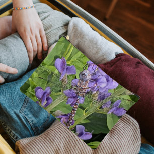 Pochette À Accessoires Libellule Darner aux Yeux Bleus sur Fleurs Violett