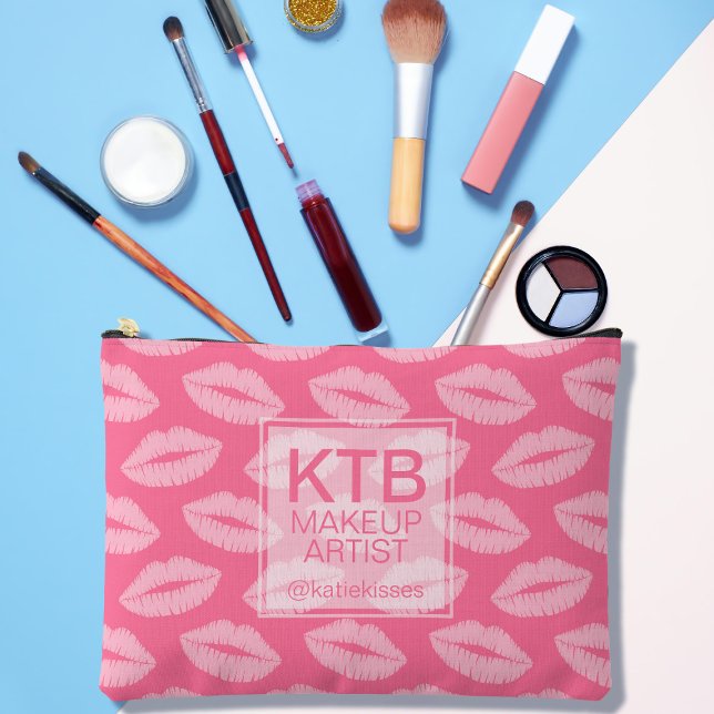 Pochette À Accessoires Lipstick rose lèvres Artiste maquillage personnali (Cute pink lipstick pattern cosmetic bag with space for your initials/socials)
