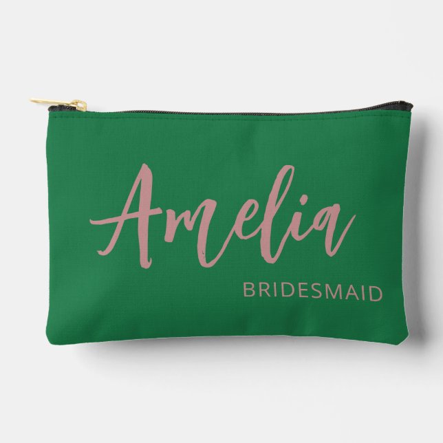 Pochette À Accessoires Maquillage de Demoiselle d'Honneur Verte avec Nom  (Recto)