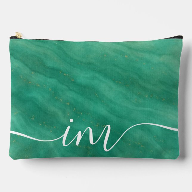 Pochette À Accessoires Marbre Abstrait vert avec initiales personnalisées (Recto)