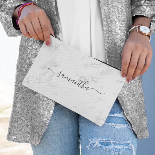 Pochette À Accessoires Marbre blanc en argent de luxe Nom de signature (Luxury Silver White Marble Signature Name Accessory Pouch)