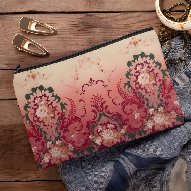 Pochette À Accessoires Médaillons de fleurs Bouquet floral Insets Folithe (Flower Medallions Floral Bouquet Insets Foliate Accessory Pouch Wooden Table)