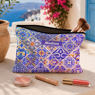 Pochette À Accessoires Méditerranéen Sicilien Tuiles Florales Bleu Violet