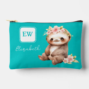 Pochette À Accessoires Mignon paresseux avec initiales du nom turquoise
