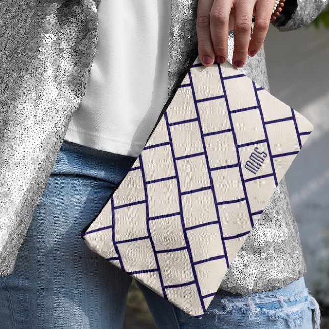 Pochette À Accessoires Monogram Beige & Navy Blue Stylish Trellis Pattern (Créateur téléchargé)