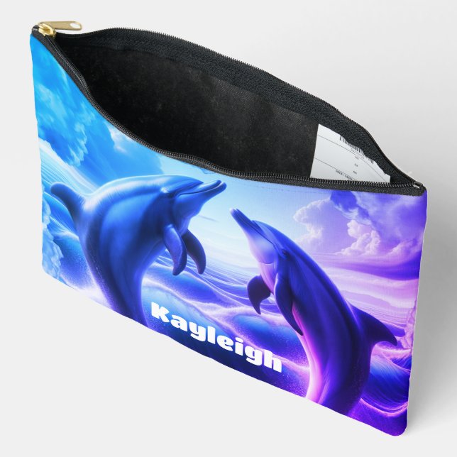 Pochette À Accessoires Monogramme Blue violet Dolphins Océan | (Ouvrir)