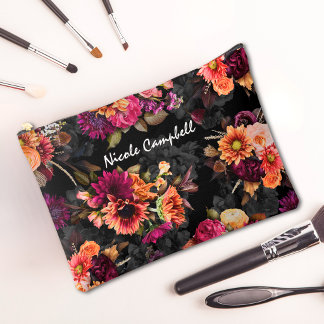 Pochette À Accessoires Monogramme botanique élégant fuchsia orange