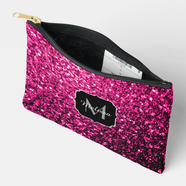 Pochette À Accessoires Monogramme de parties scintillant rose chaud (Ouvrir)