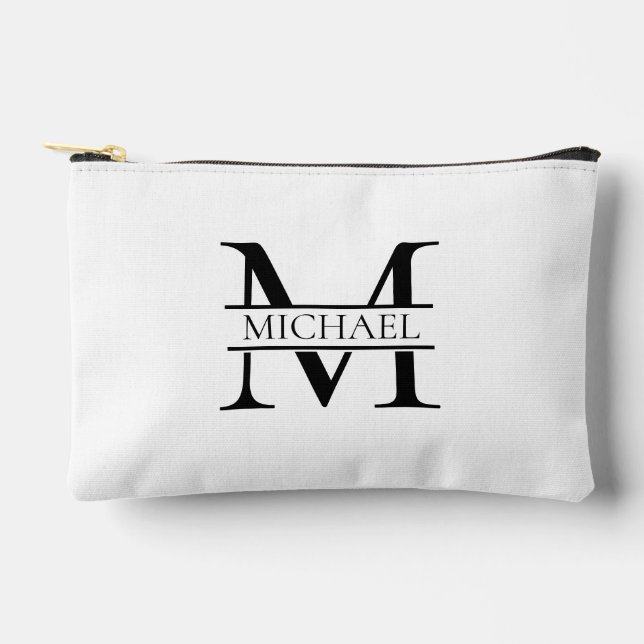 Pochette À Accessoires Monogramme et nom Elégant Personnalisé Blanc (Recto)