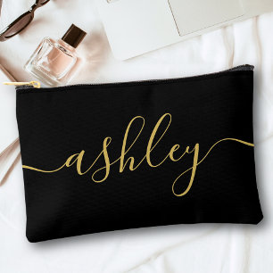 Pochette À Accessoires Monogramme Moderne Calligraphie Noir Gold Script