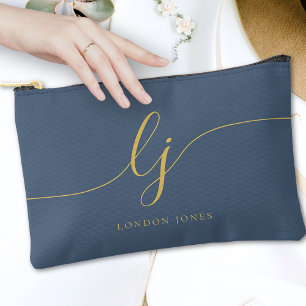 Pochette À Accessoires Monogramme Moderne Élégante Calligraphie Marine Or