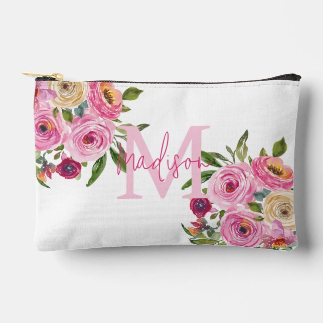 Pochette À Accessoires Monogramme | Personnalisez | Aquarelle | Floral (Recto)