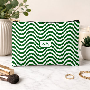 Pochette À Accessoires Monogramme vert rayure ondulée blanc chic rétro