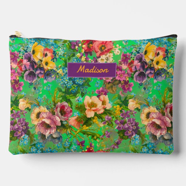 Pochette À Accessoires monogramme vintage vert fleuri motif (Recto)