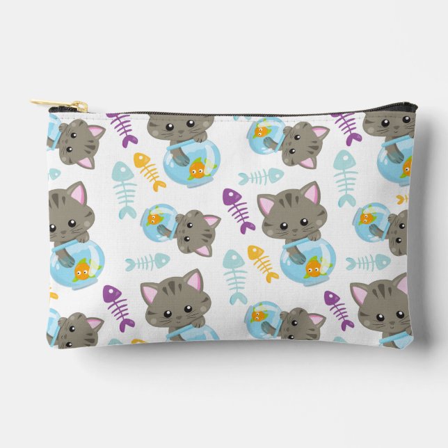 Pochette À Accessoires Motif De Chats, Chats Mignons, Chatons, Poisson (Recto)