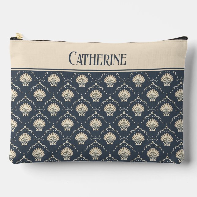Pochette À Accessoires Motif de coquillages bleu profond et crème (Recto)