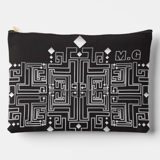 Pochette À Accessoires Motif de labyrinthe noir et blanc monogrammé (Recto)