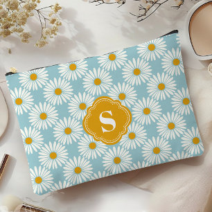 Pochette À Accessoires Motif de marguerite bleu et blanc avec monogramme