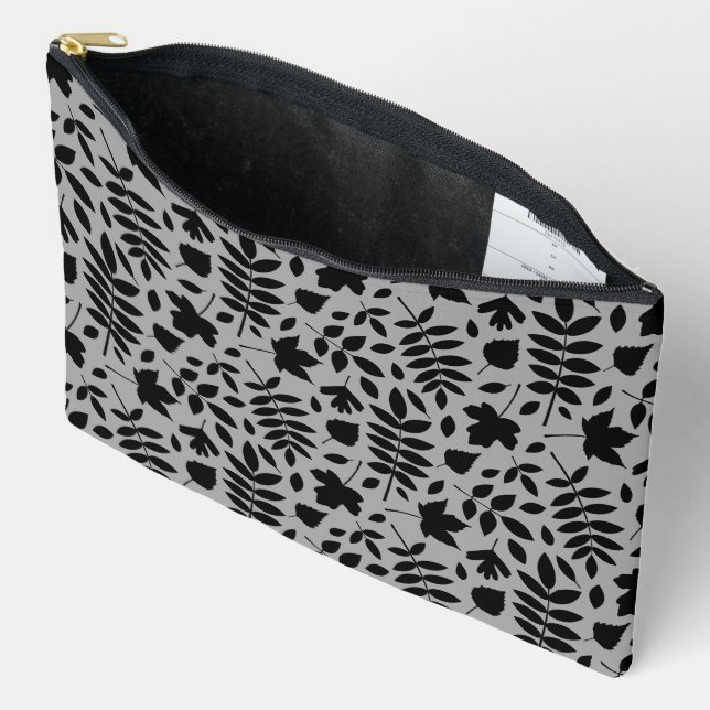 Pochette À Accessoires Motif Feuille tombé noir sur gris (Ouvrir)