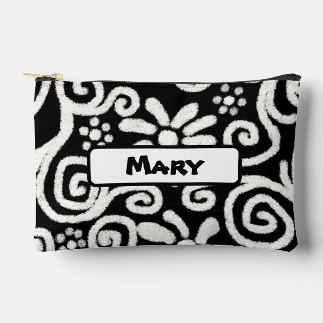 Pochette À Accessoires Motif Floral Blanc Noir (Recto)