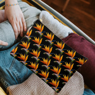 Pochette À Accessoires Motif Plante Orange Bird of Paradise sur Noir