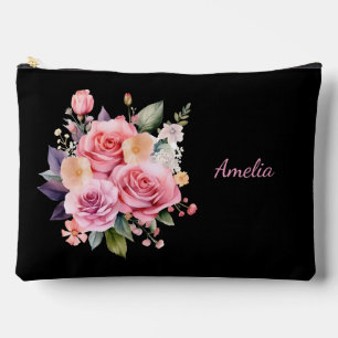 Pochette À Accessoires Noir Simple Et Élégant Avec Fleurs