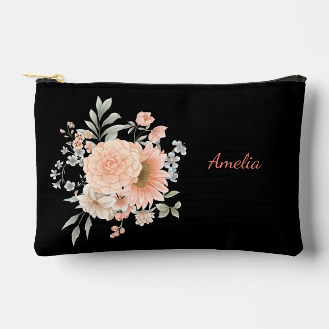 Pochette À Accessoires Noir Simple Et Élégant Avec Fleurs (Recto)