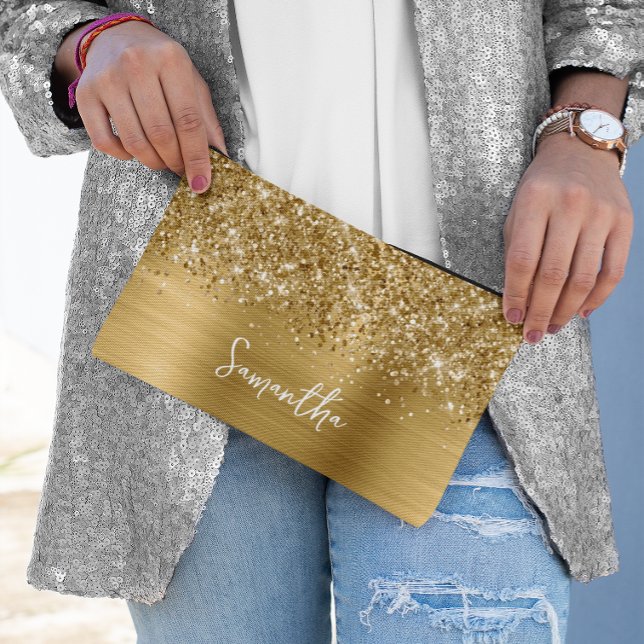 Pochette À Accessoires Nom de script Glam doré pailleté (Glittery Gold Glam Script Name Accessory Pouch)