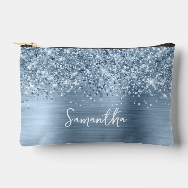 Pochette À Accessoires Nom de script glamour bleu clair pailleté (Recto)