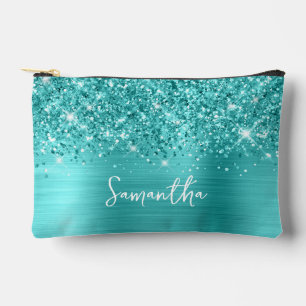 Pochette À Accessoires Nom de script glamour turquoise bleu pailleté