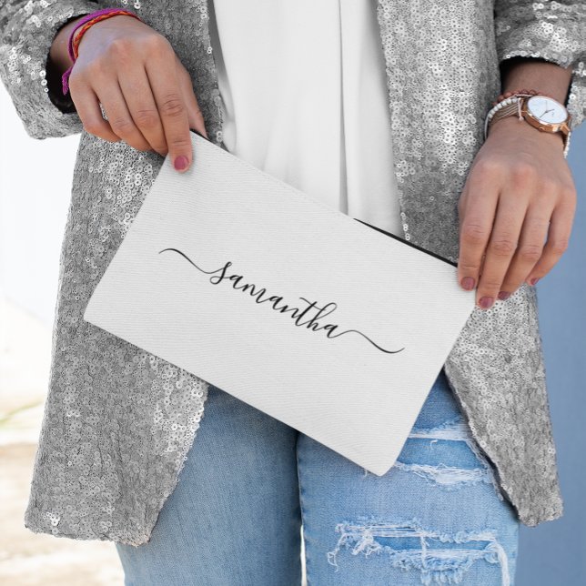 Pochette À Accessoires Nom élégant en écriture calligraphique (Black Elegant Swash Signature Name Accessory Pouch)