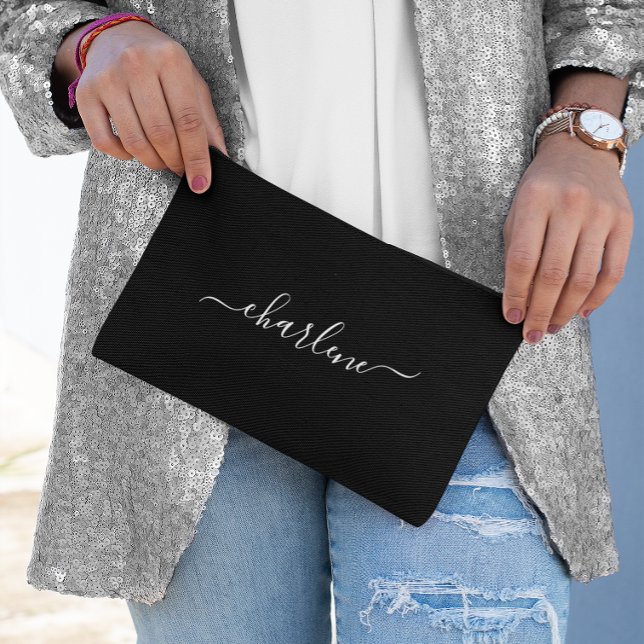 Pochette À Accessoires Nom élégant noir et blanc (Black and White Elegant Name Accessory Pouch)