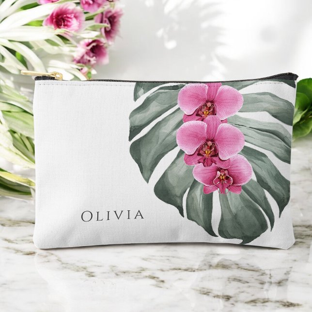 Pochette À Accessoires Orchidées roses chaudes sur Monstera Tropical Flor (Personalize with your name.)