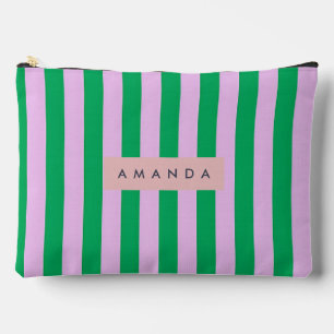 Pochette À Accessoires Personnalisé Frais Vert et Rose Rayé Rétro