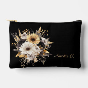 Pochette À Accessoires Personnalisez élégamment les Fleurs Noir & Or